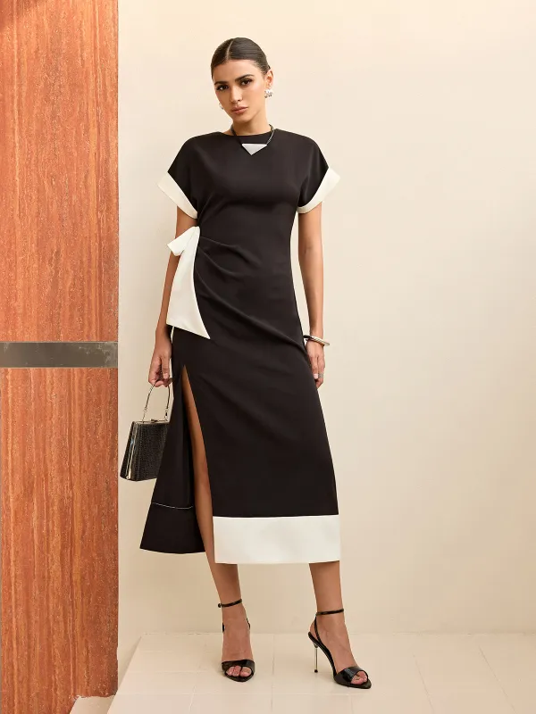 Contrast Trim Bow Slit Midi Dress sold by COMMENSE