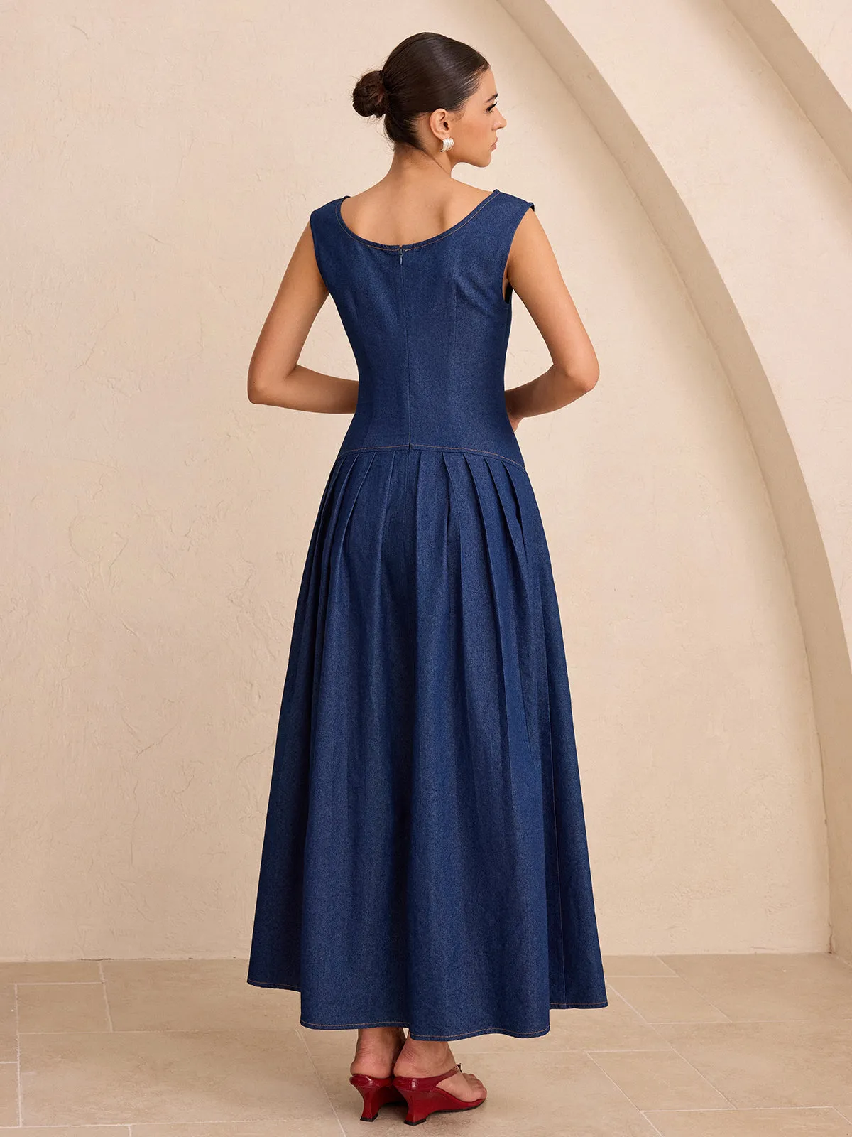 Faux Denim Sleeveless Pleated Maxi Dress sold by COMMENSE product image thumbnail 3