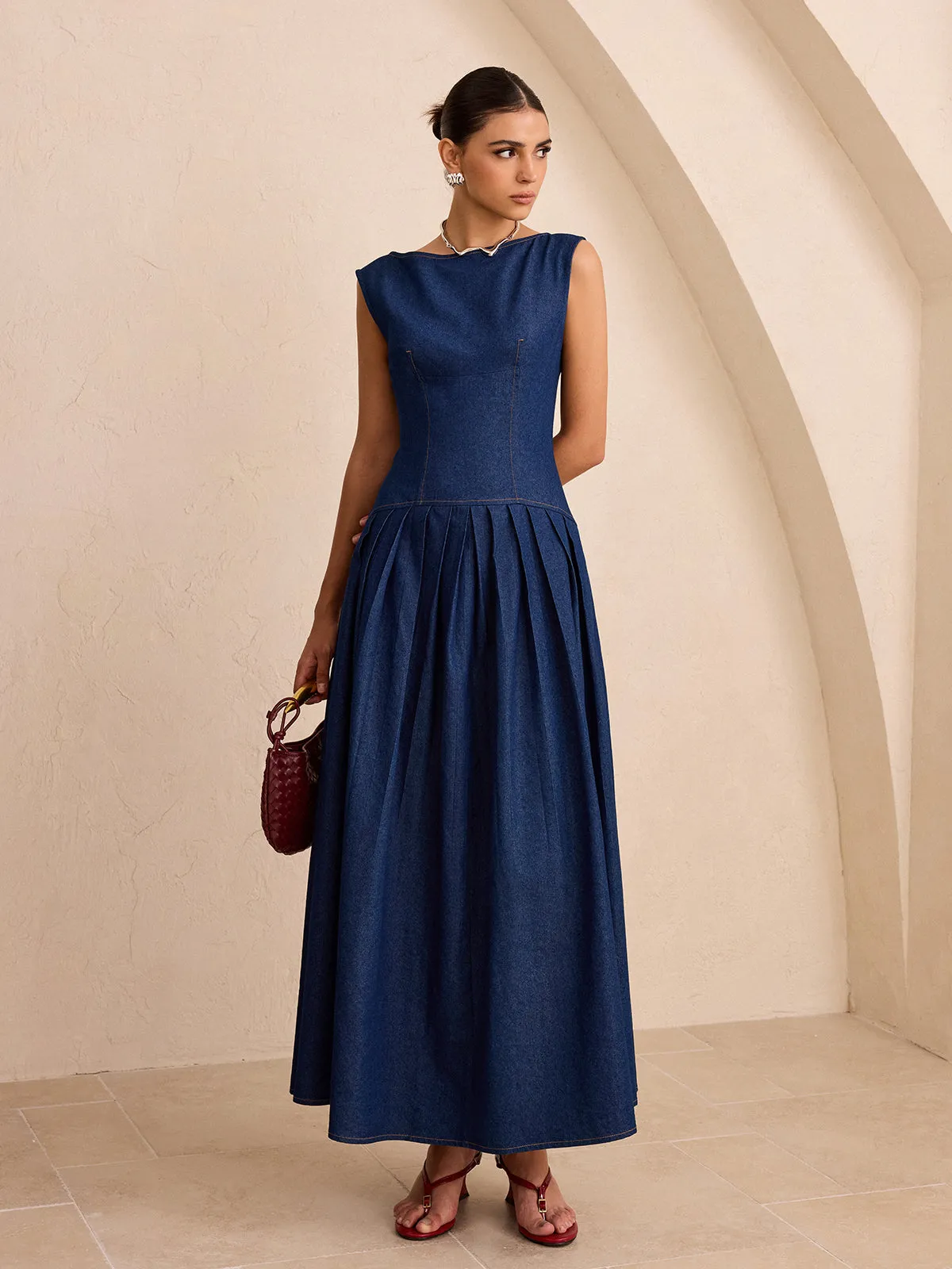 Faux Denim Sleeveless Pleated Maxi Dress sold by COMMENSE product image thumbnail 2