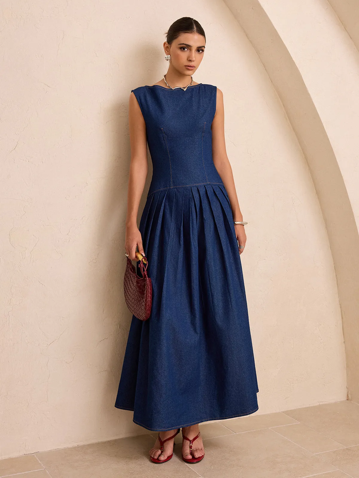 Faux Denim Sleeveless Pleated Maxi Dress sold by COMMENSE