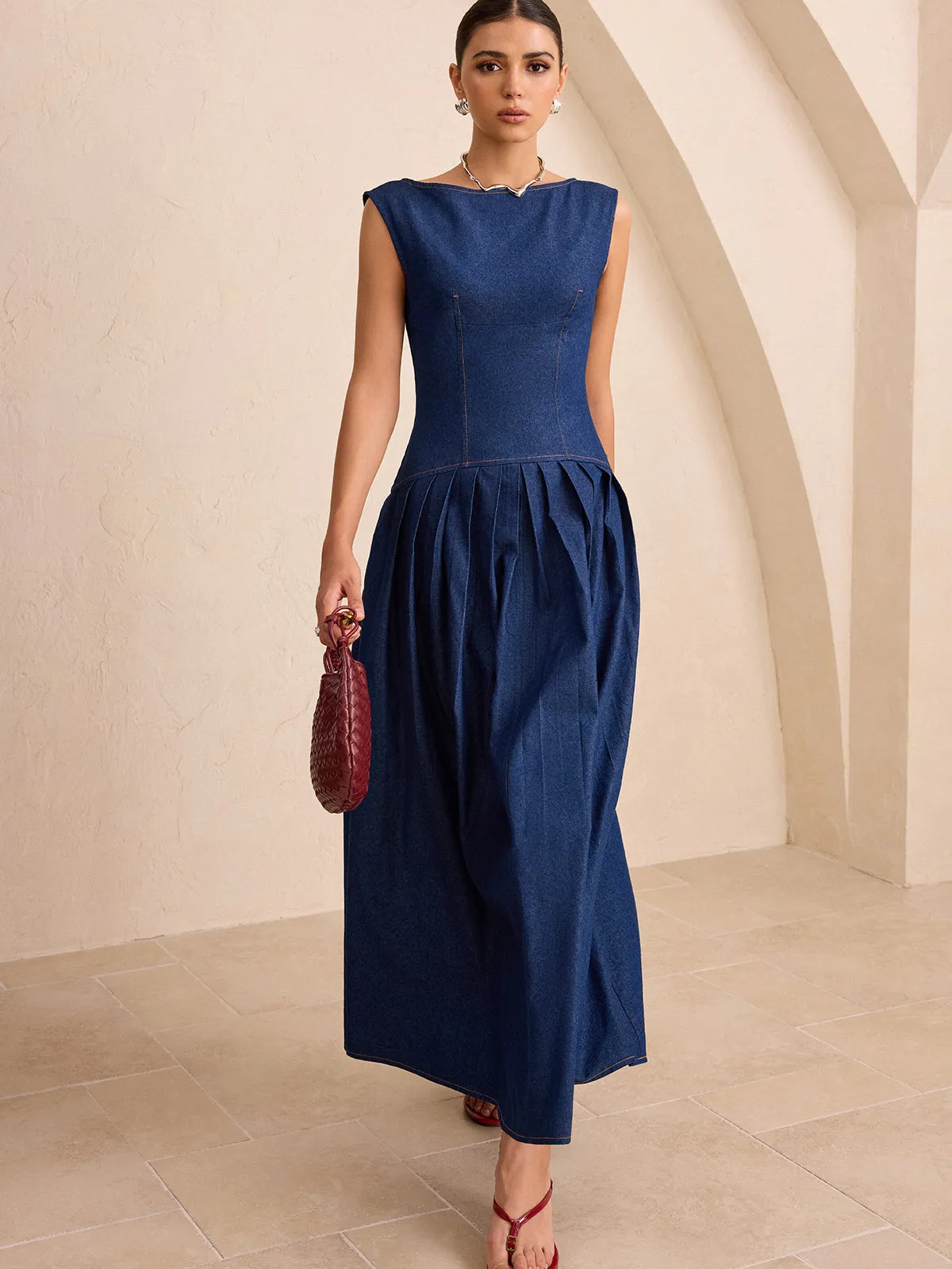 Faux Denim Sleeveless Pleated Maxi Dress sold by COMMENSE product image thumbnail 4