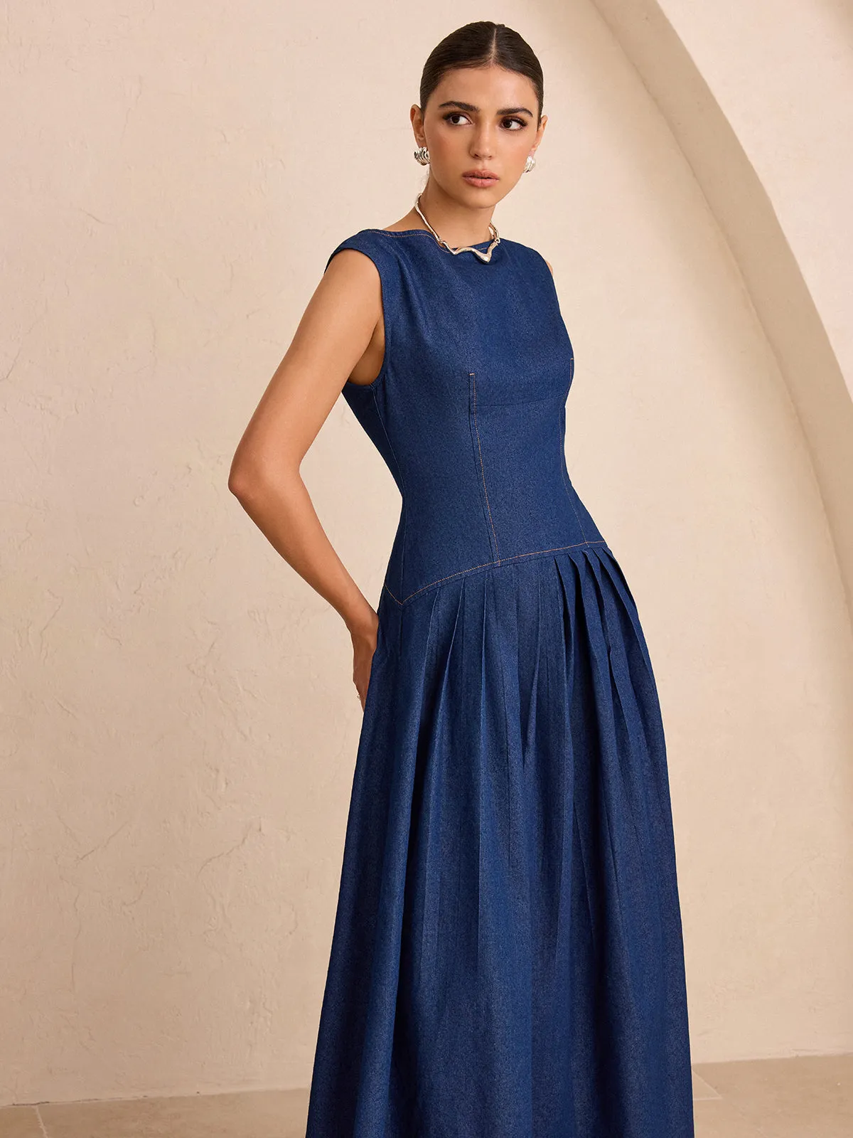 Faux Denim Sleeveless Pleated Maxi Dress sold by COMMENSE product image thumbnail 5