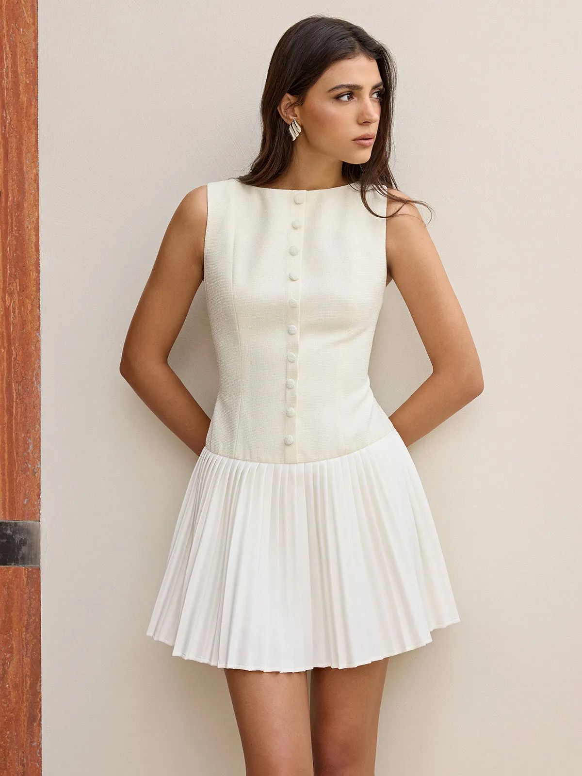 Button-Front Panel Pleated Hem Mini Dress sold by COMMENSE product image thumbnail 2