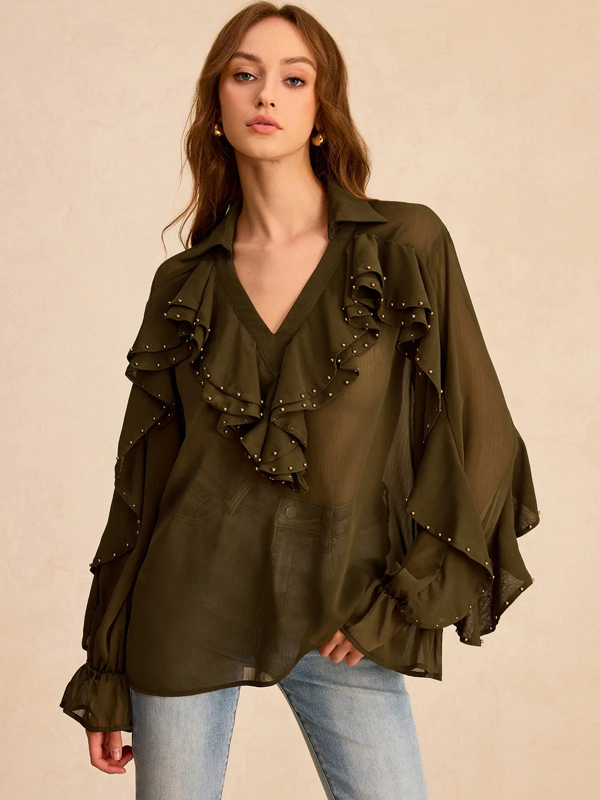 Semi-Sheer Chiffon Ruffle Shirt with Stud Embellishments sold by COMMENSE