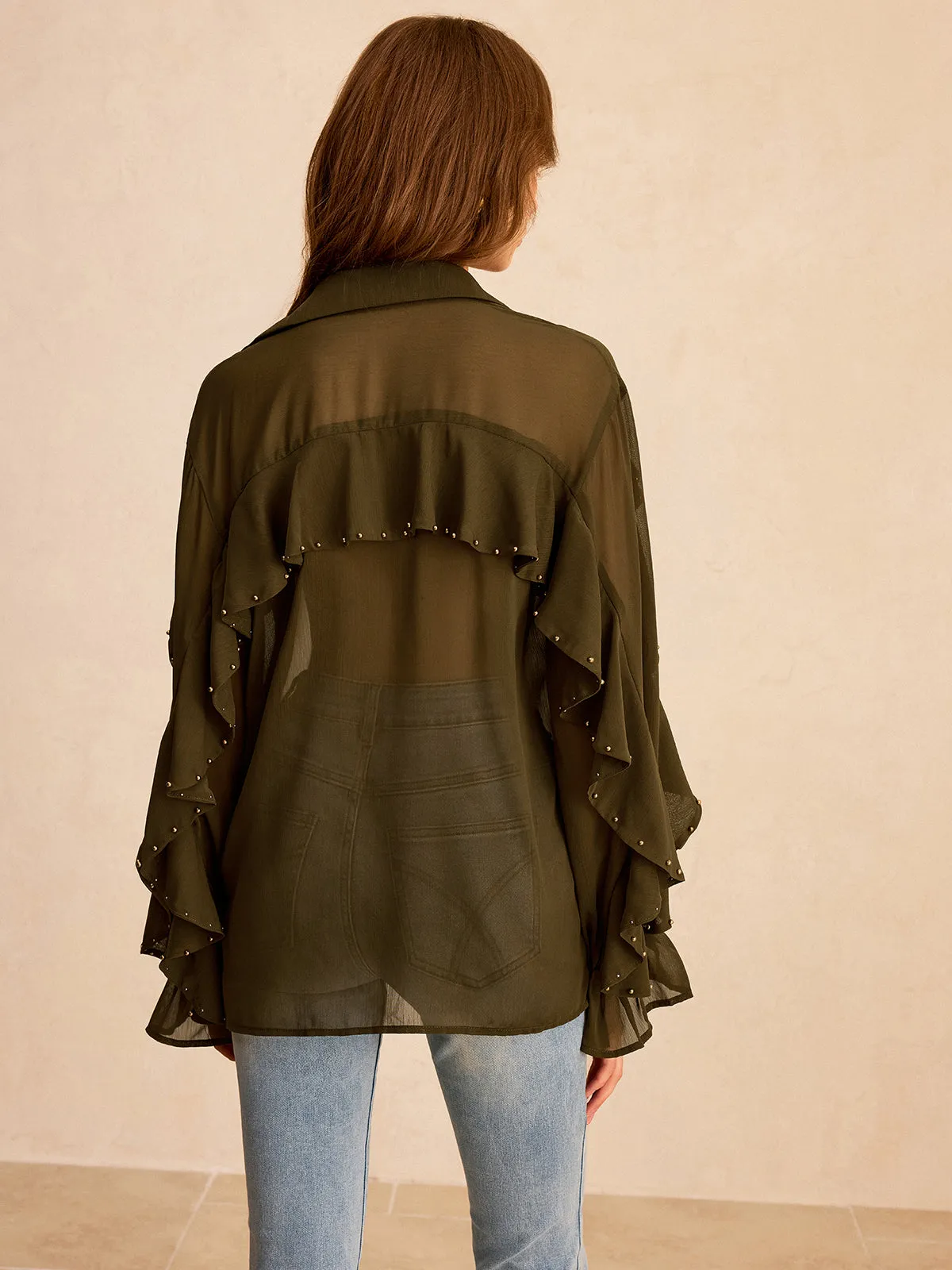 Semi-Sheer Chiffon Ruffle Shirt with Stud Embellishments sold by COMMENSE product image thumbnail 4