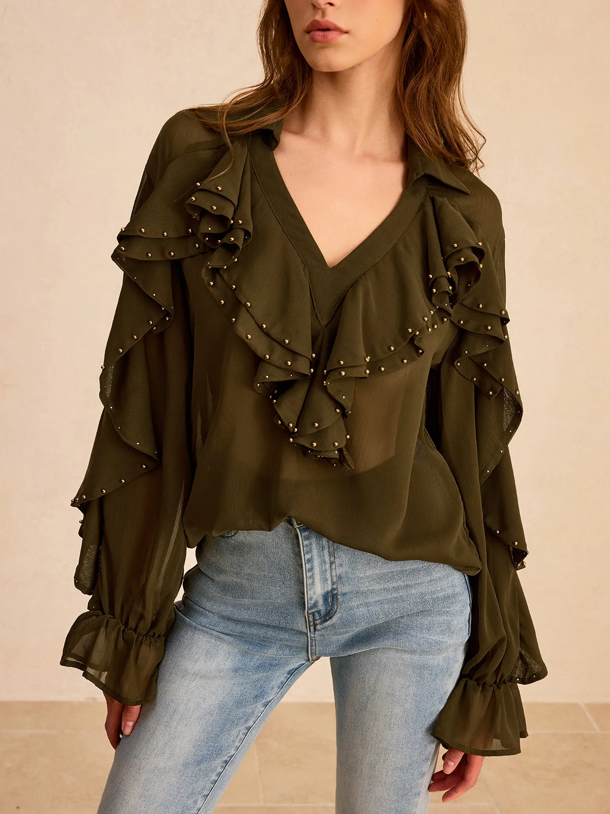 Semi-Sheer Chiffon Ruffle Shirt with Stud Embellishments sold by COMMENSE product image thumbnail 3