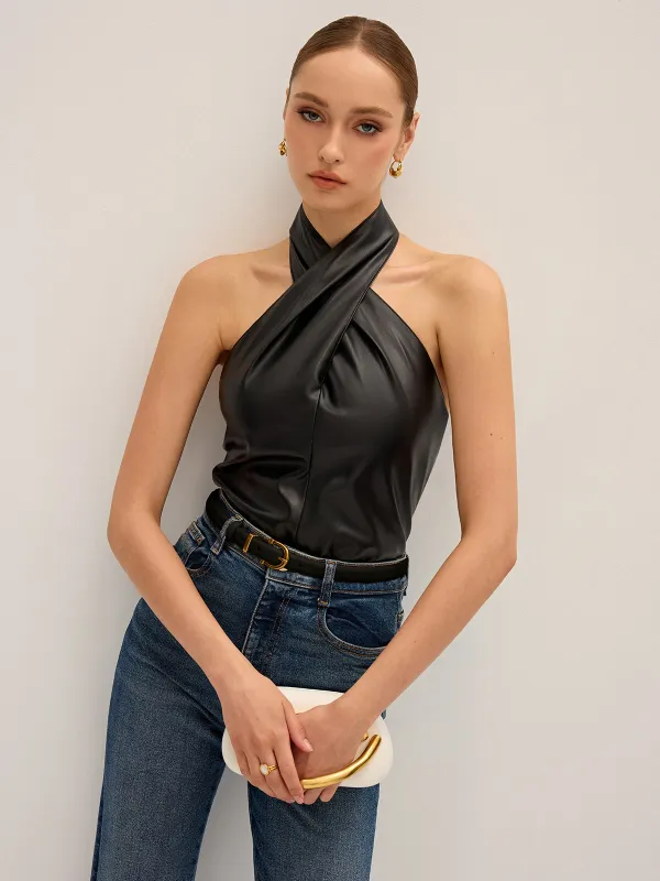 PU Leather Cross Halter Neck Top sold by COMMENSE