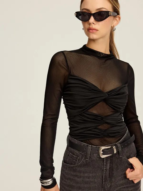 Semi-Sheer Mesh Twist Long-Sleeve T-Shirt sold by COMMENSE