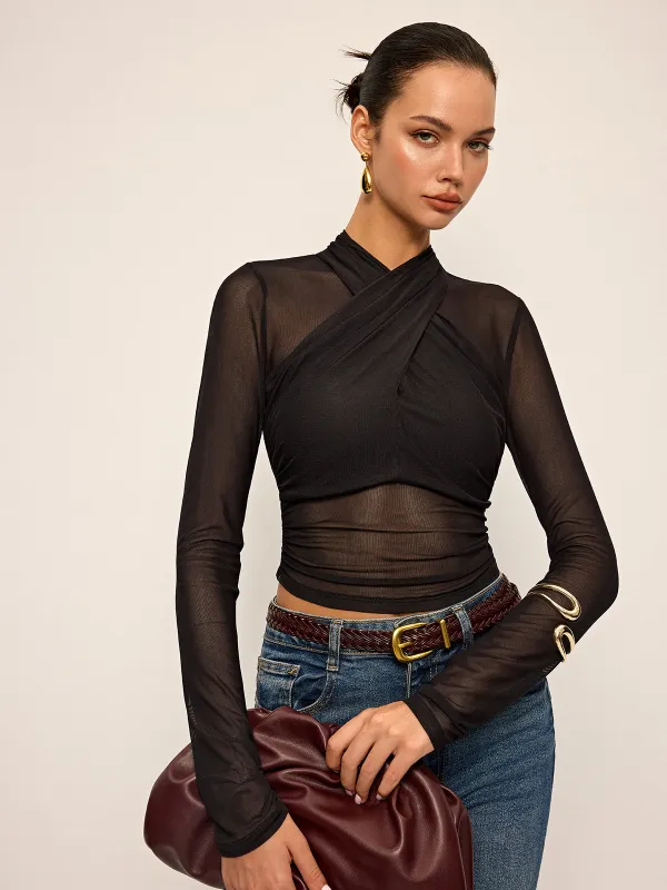 Semi-Sheer Mesh Cross-Front T-Shirt sold by COMMENSE