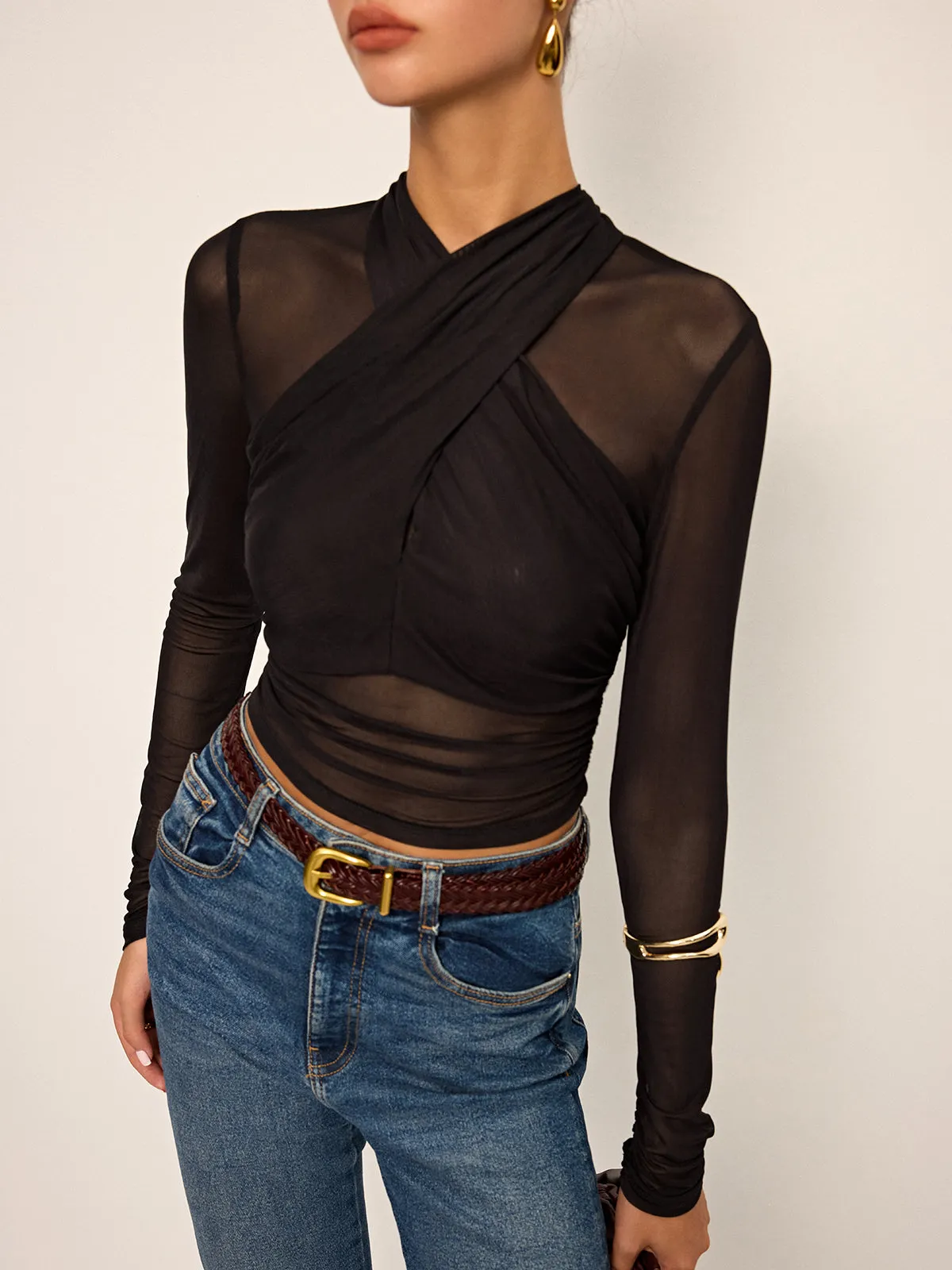 Semi-Sheer Mesh Cross-Front T-Shirt sold by COMMENSE product image thumbnail 2
