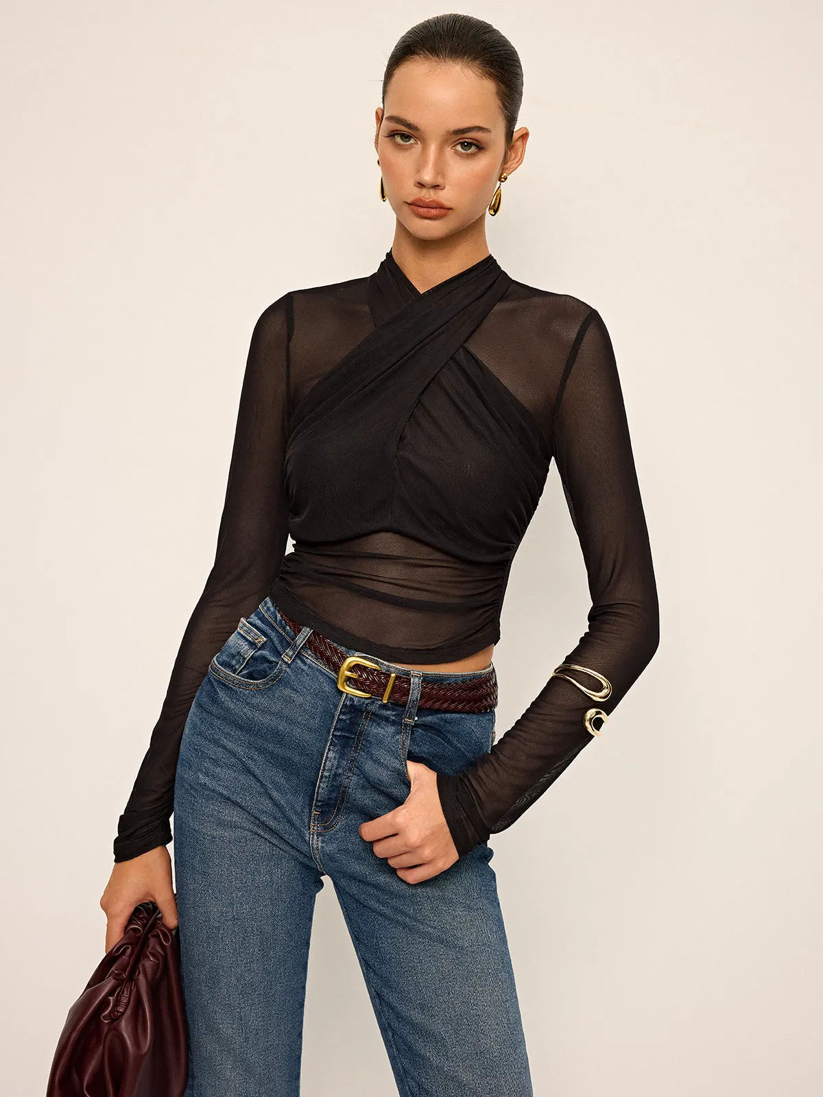 Semi-Sheer Mesh Cross-Front T-Shirt sold by COMMENSE product image thumbnail 4