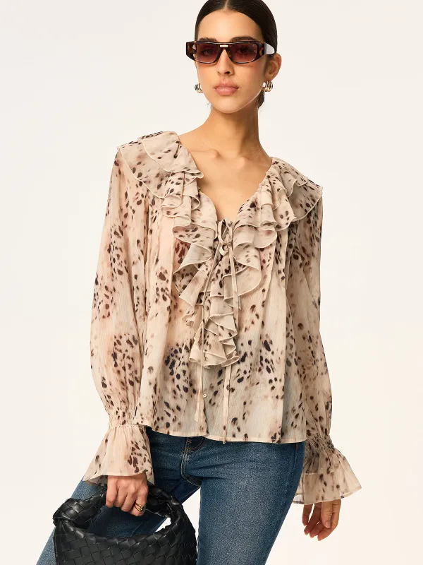 Leopard Print Chiffon Ruffle Shirt sold by COMMENSE