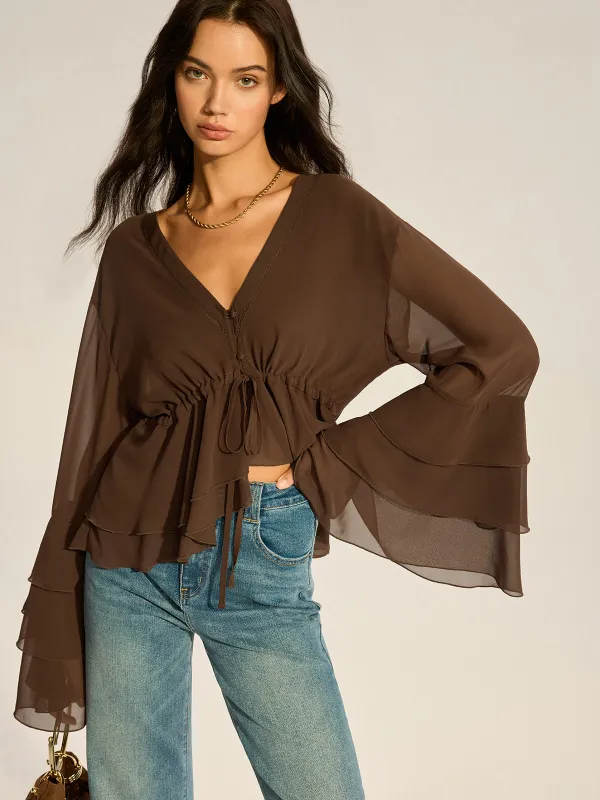 Semi-Sheer Chiffon Tiered Flared Sleeve Shirt sold by COMMENSE