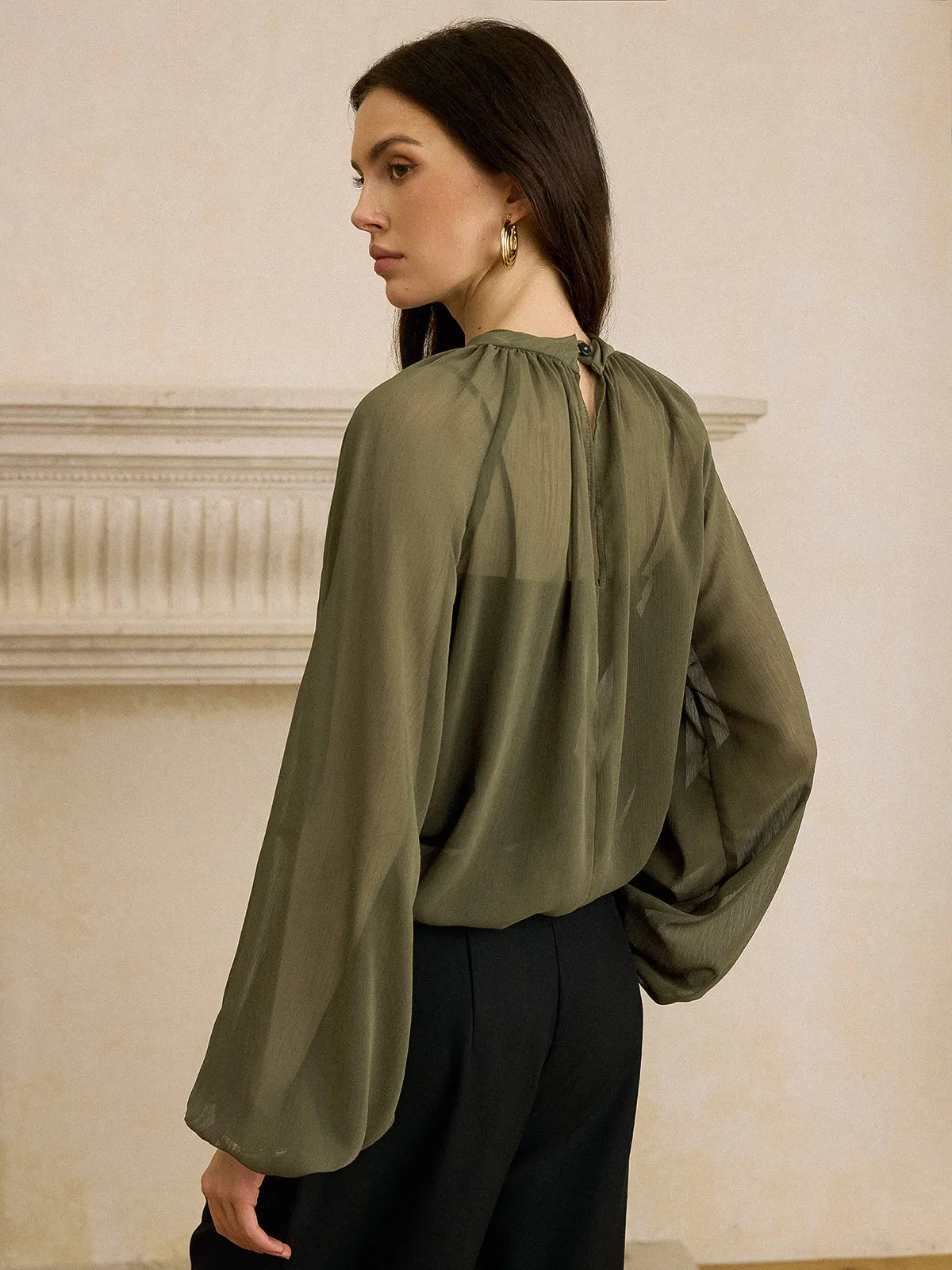 Semi-Sheer Chiffon Lace Trim Blouse sold by COMMENSE product image thumbnail 2