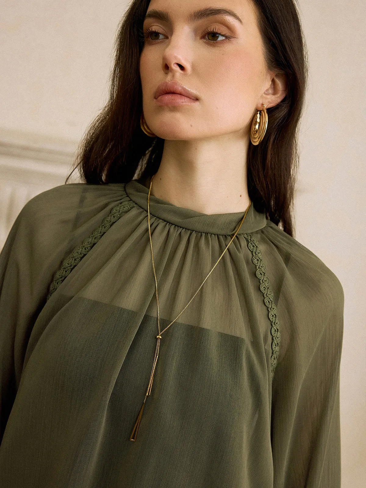 Semi-Sheer Chiffon Lace Trim Blouse sold by COMMENSE product image thumbnail 5