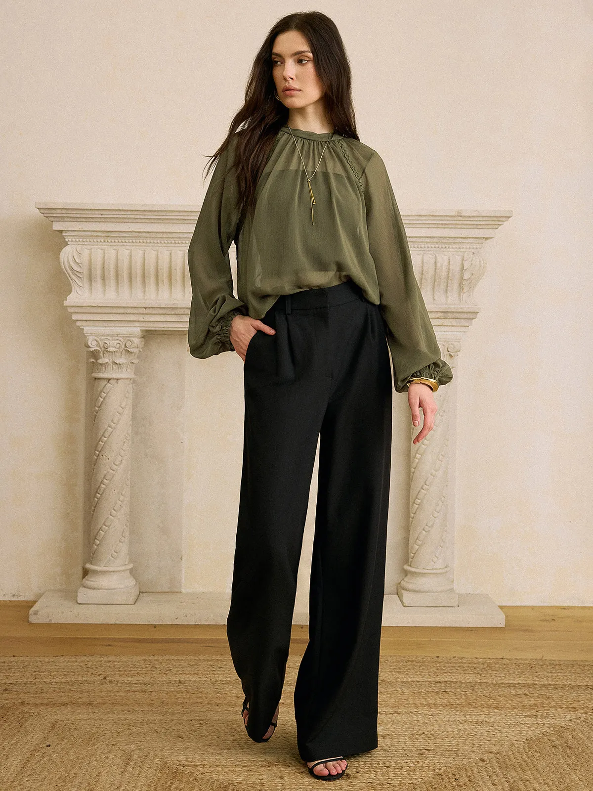 Semi-Sheer Chiffon Lace Trim Blouse sold by COMMENSE product image thumbnail 3