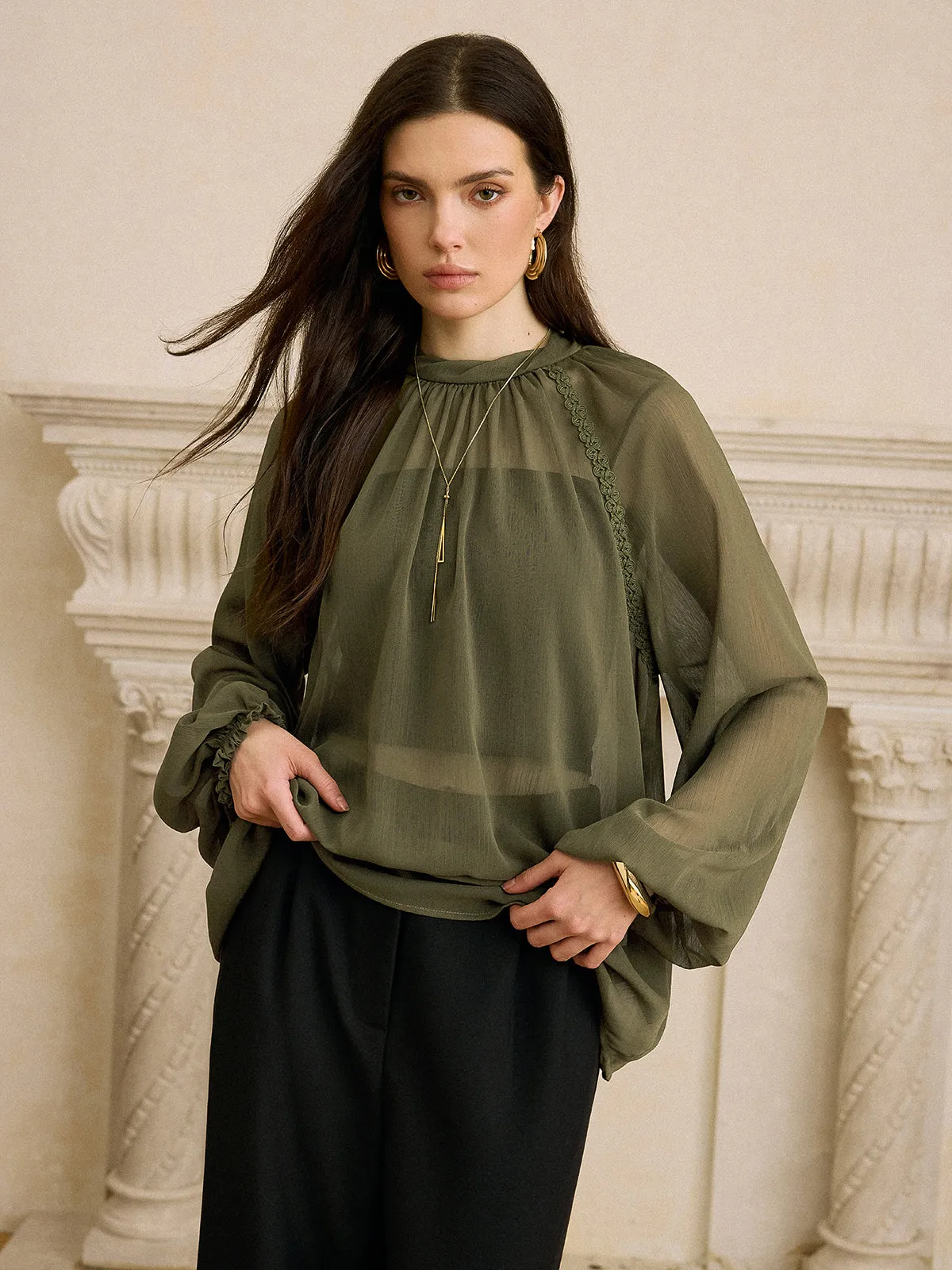 Semi-Sheer Chiffon Lace Trim Blouse sold by COMMENSE