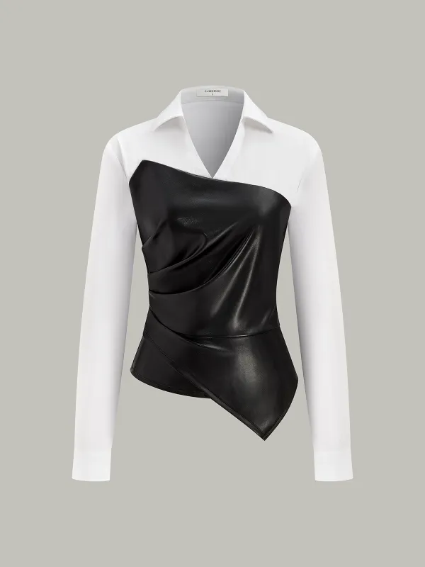 Asymmetric PU Leather Panel Blouse sold by COMMENSE