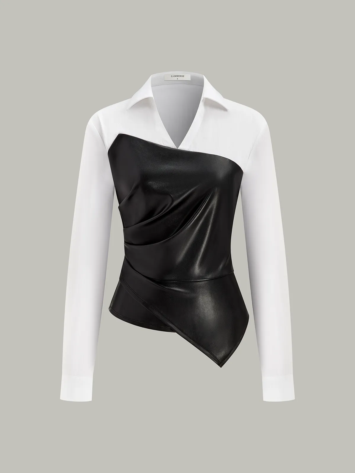 Asymmetric PU Leather Panel Blouse sold by COMMENSE