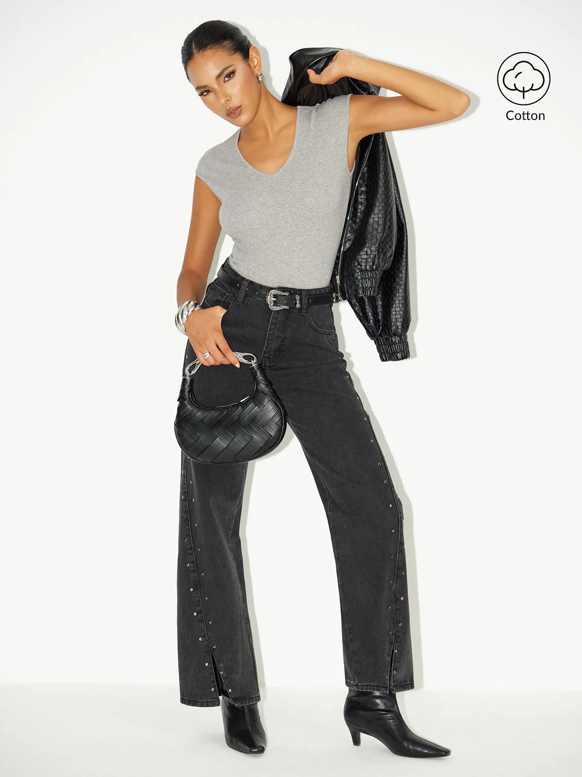 V-Neck Cap Sleeve Cotton-Blend Top sold by COMMENSE