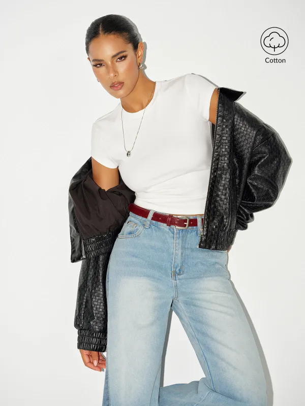 Ribbed Crew Neck Short Sleeve Cotton-Blend Top sold by COMMENSE