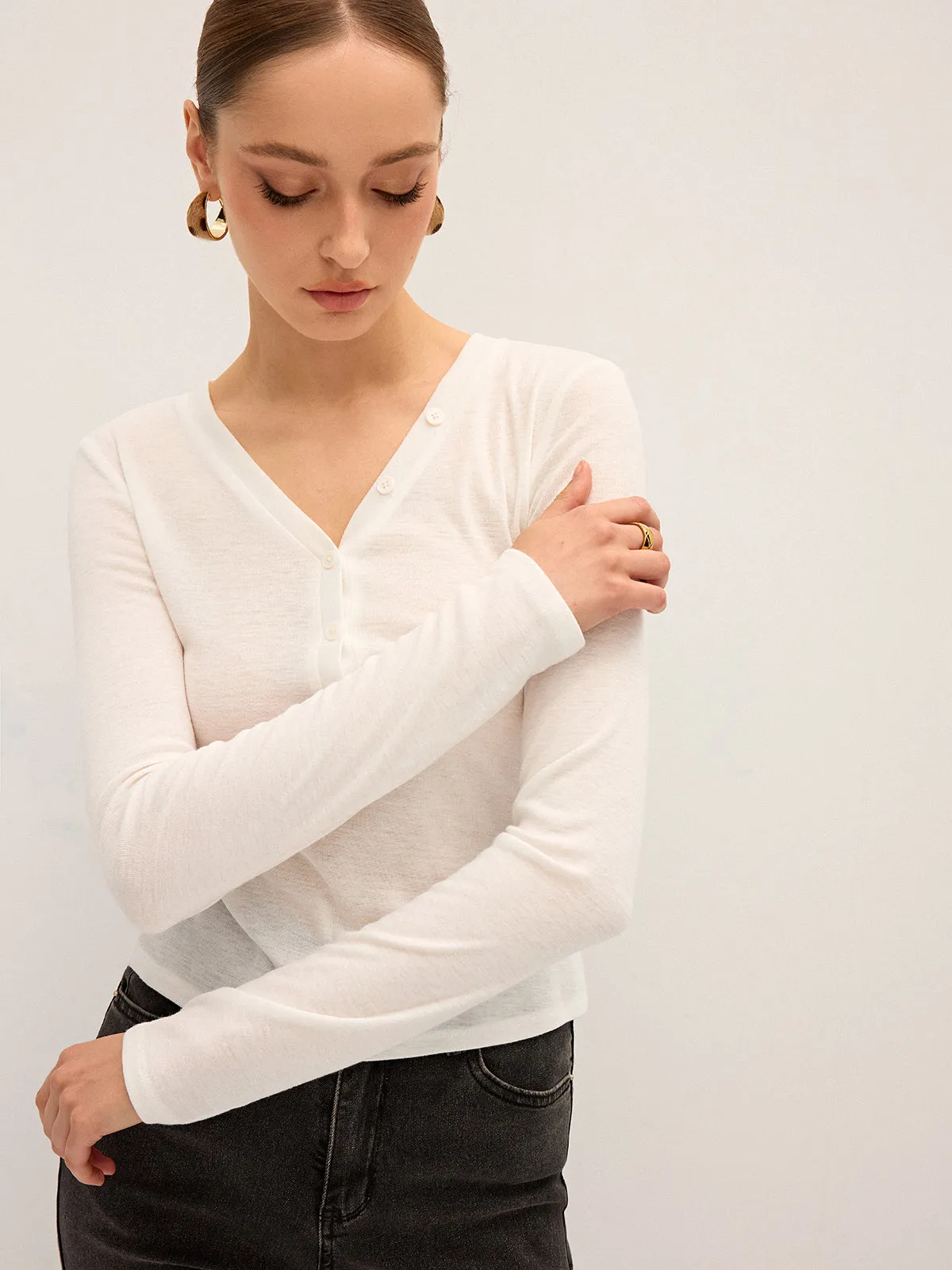 Long Sleeve V-Neck Button T-Shirt sold by COMMENSE product image thumbnail 5