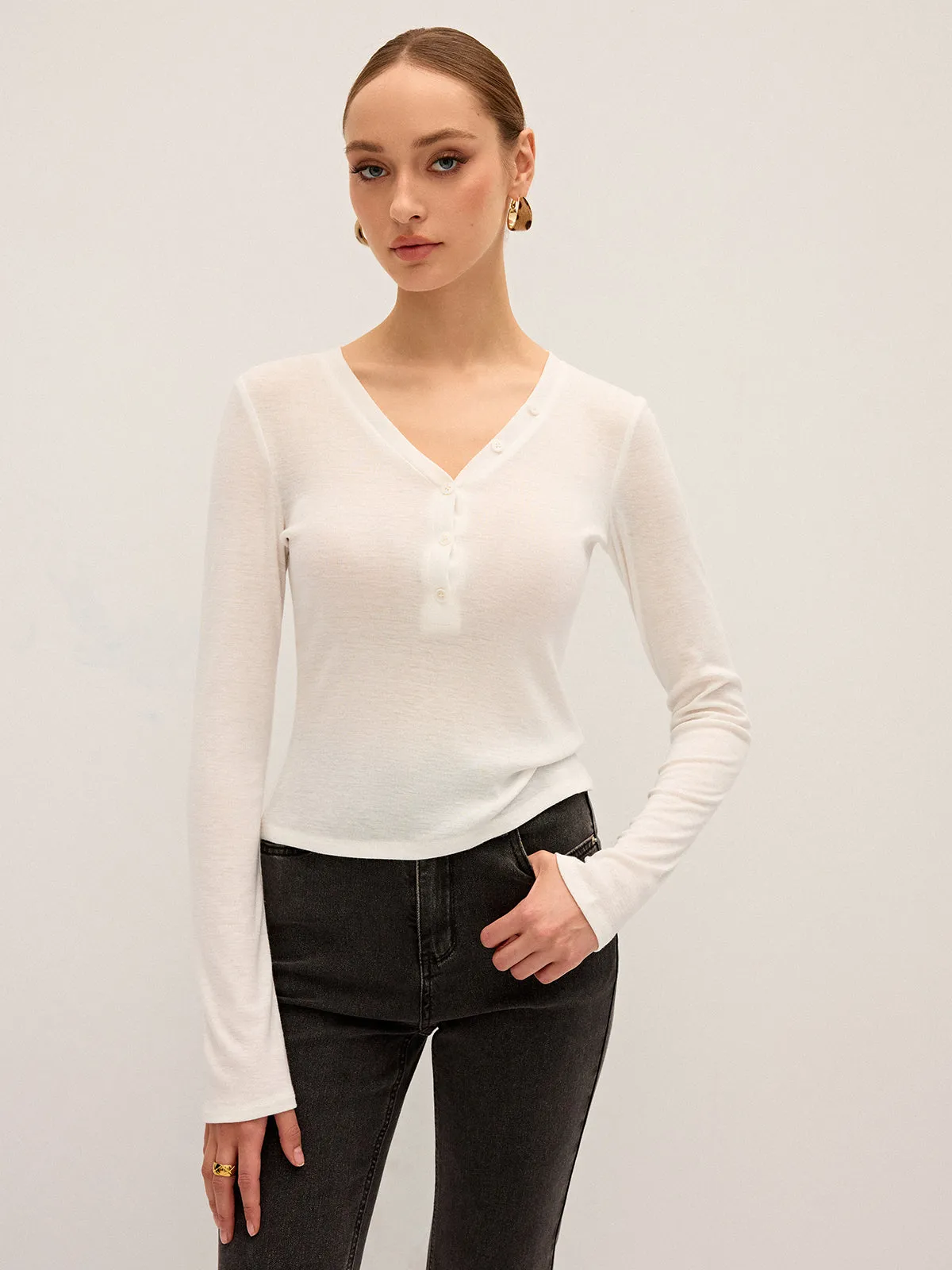 Long Sleeve V-Neck Button T-Shirt sold by COMMENSE product image thumbnail 3
