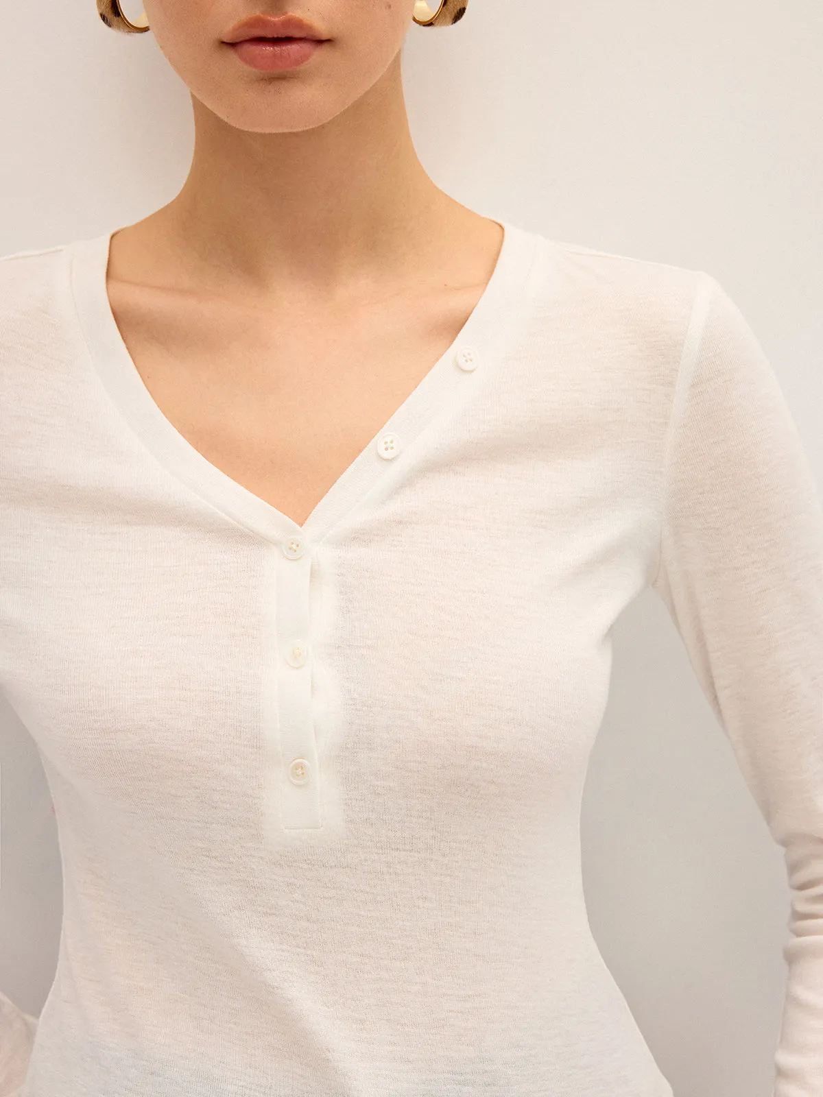 Long Sleeve V-Neck Button T-Shirt sold by COMMENSE product image thumbnail 4