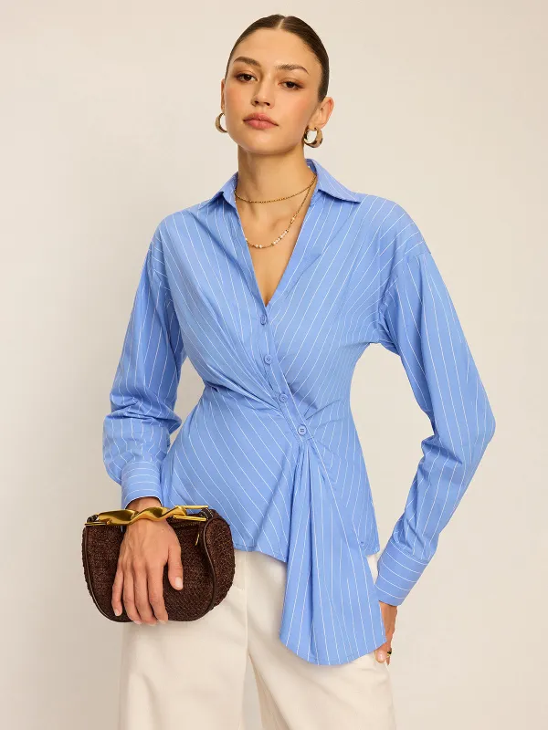 Striped Asymmetric Long Sleeve Shirt sold by COMMENSE