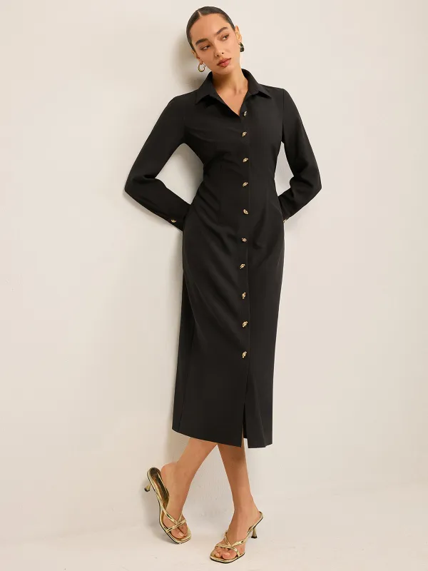 Long Sleeve Button-Front Shirt Dress sold by COMMENSE