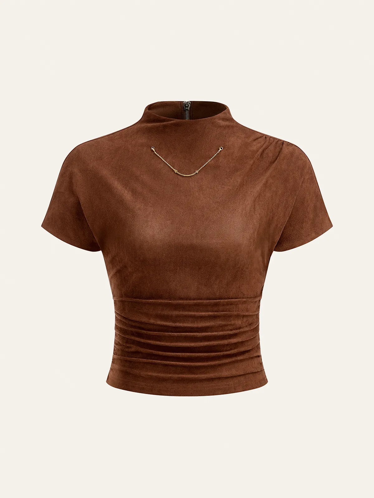 Suede Effect Back Zip Ruched Short-Sleeve Top sold by COMMENSE