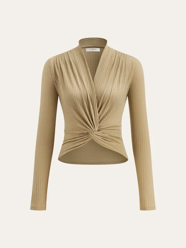 Ribbed Twist Front Long Sleeve Knit Top sold by COMMENSE