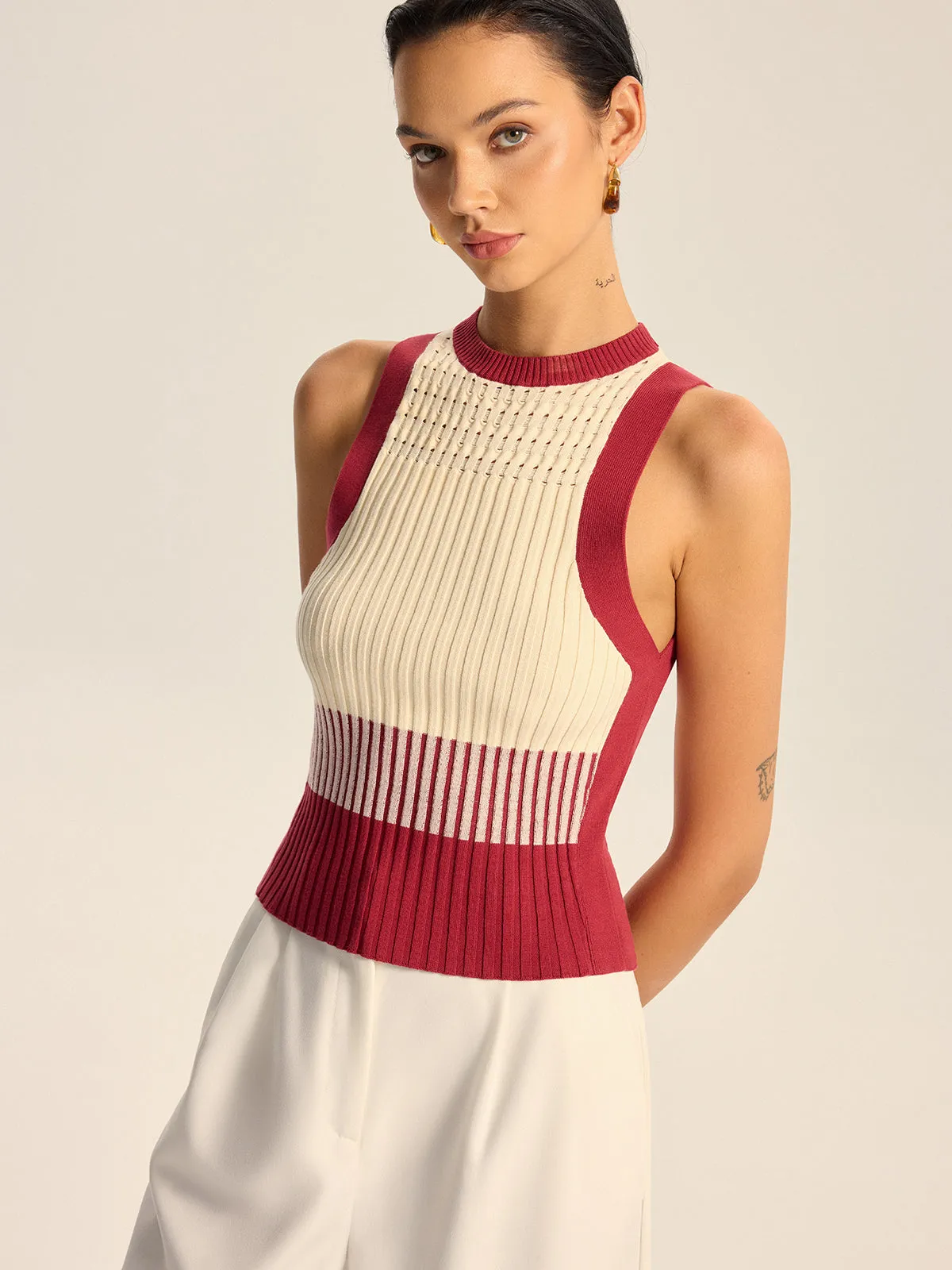 Color-Block Ribbed Knit Tank Top sold by COMMENSE