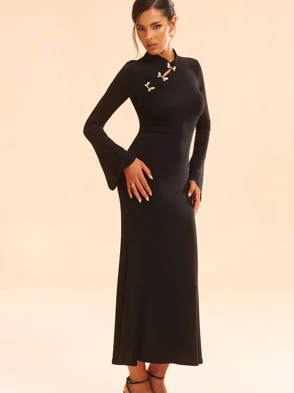 Metal Bow Detail Stand Collar Maxi Dress sold by COMMENSE