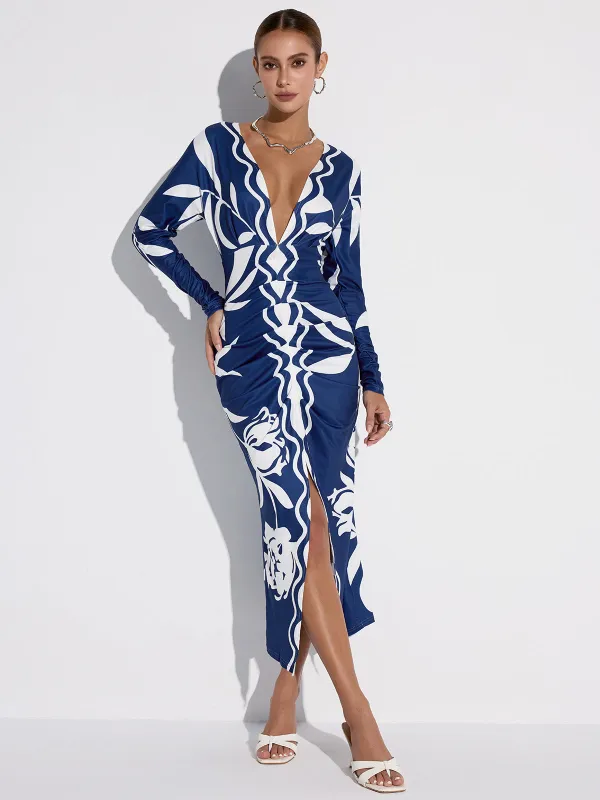 Printed Plunge Neck Slit Midi Dress sold by COMMENSE