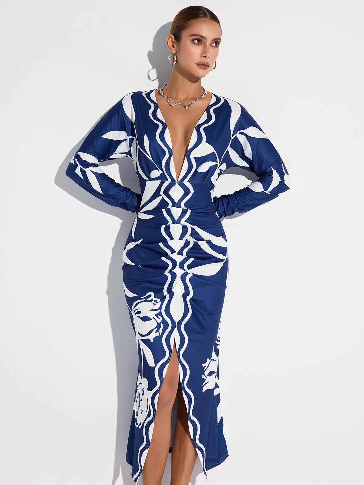 Printed Plunge Neck Slit Midi Dress sold by COMMENSE product image thumbnail 5
