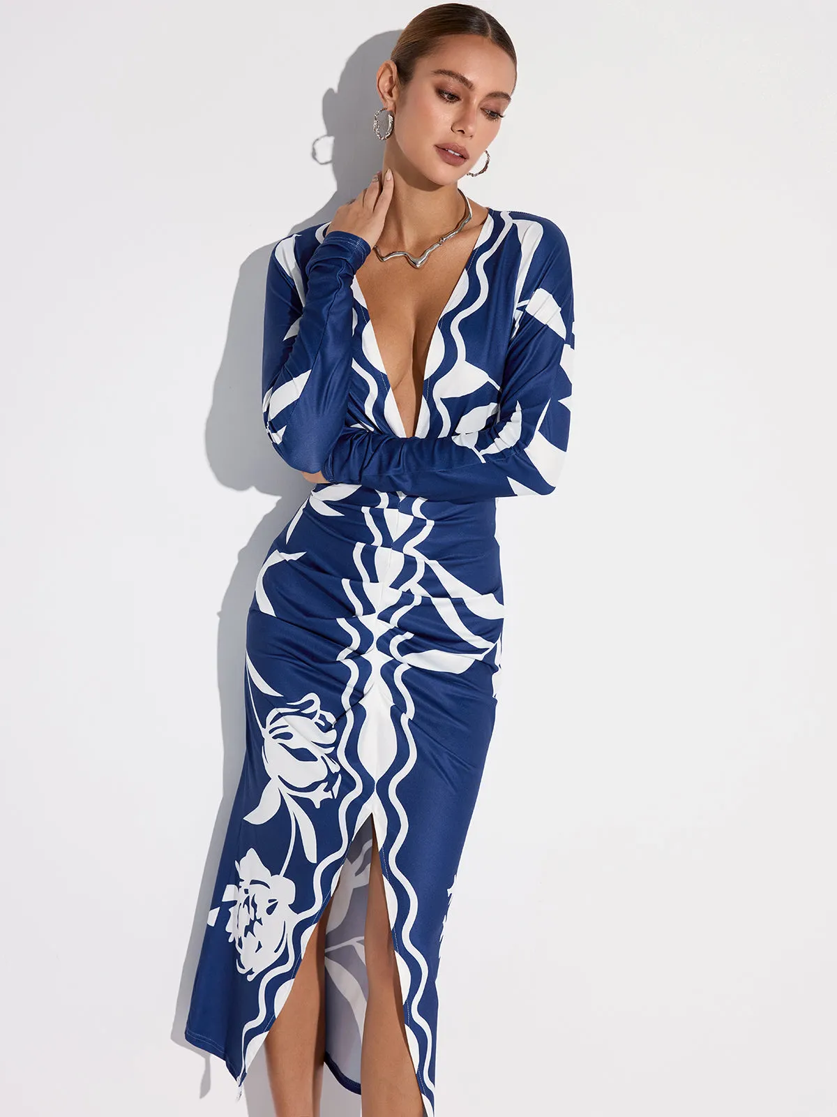 Printed Plunge Neck Slit Midi Dress sold by COMMENSE product image thumbnail 3