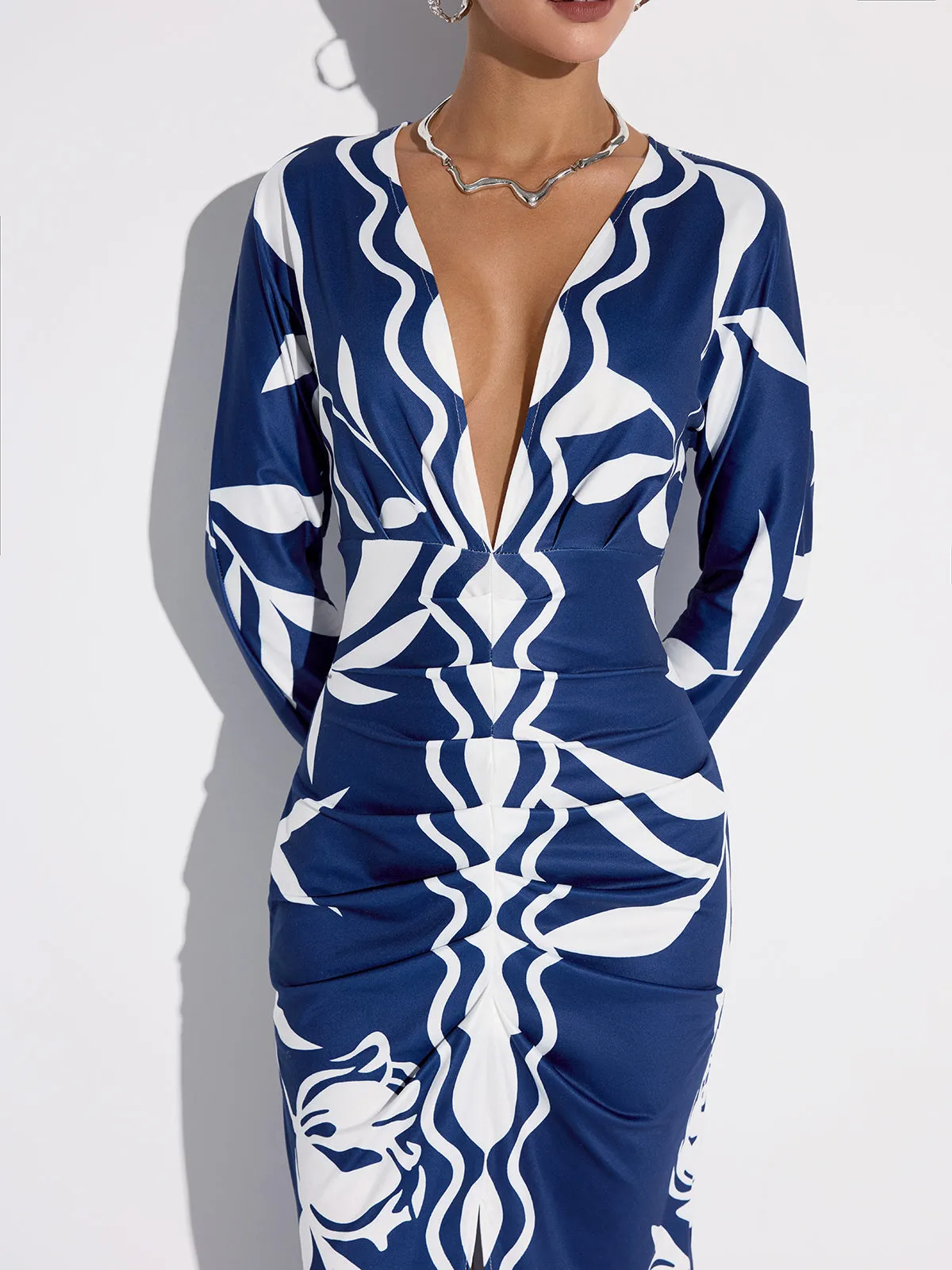 Printed Plunge Neck Slit Midi Dress sold by COMMENSE product image thumbnail 4