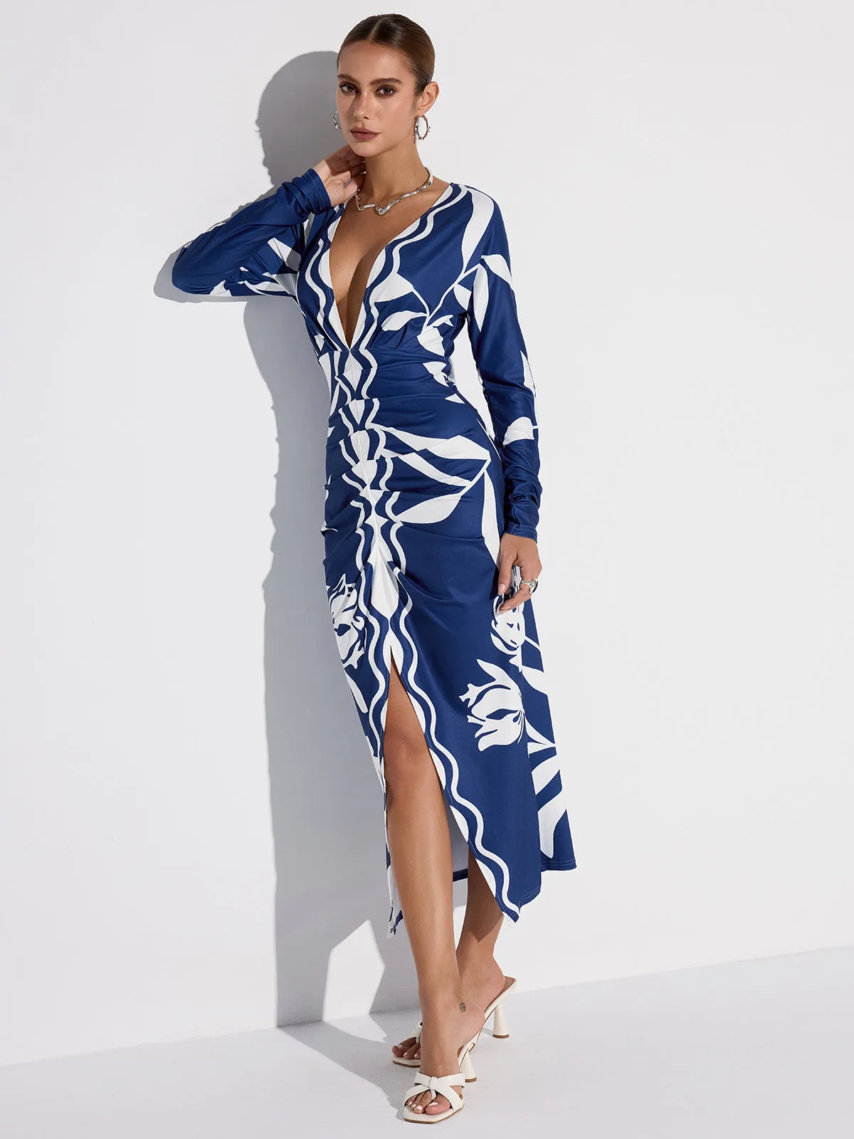 Printed Plunge Neck Slit Midi Dress sold by COMMENSE product image thumbnail 2
