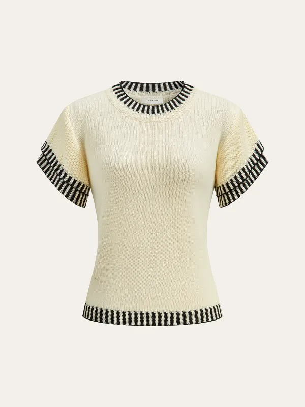 Contrast Striped Trim Short Sleeve Knit Top sold by COMMENSE