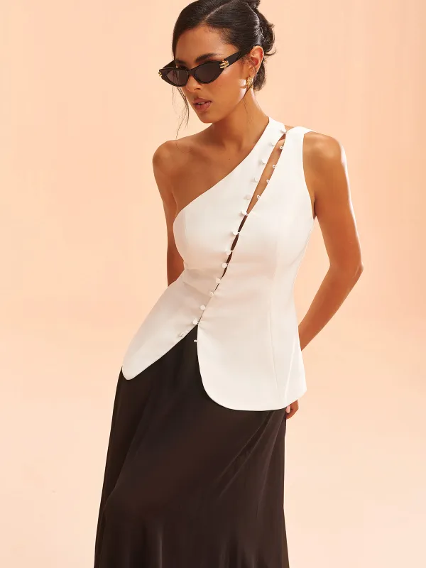 One-Shoulder Asymmetric Button Vest sold by COMMENSE