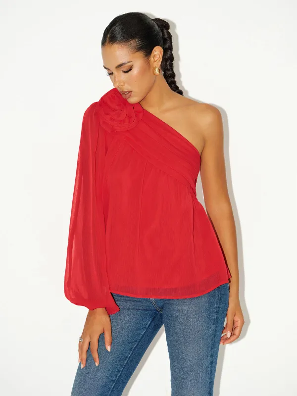Chiffon One-Shoulder Rosette Shirt sold by COMMENSE