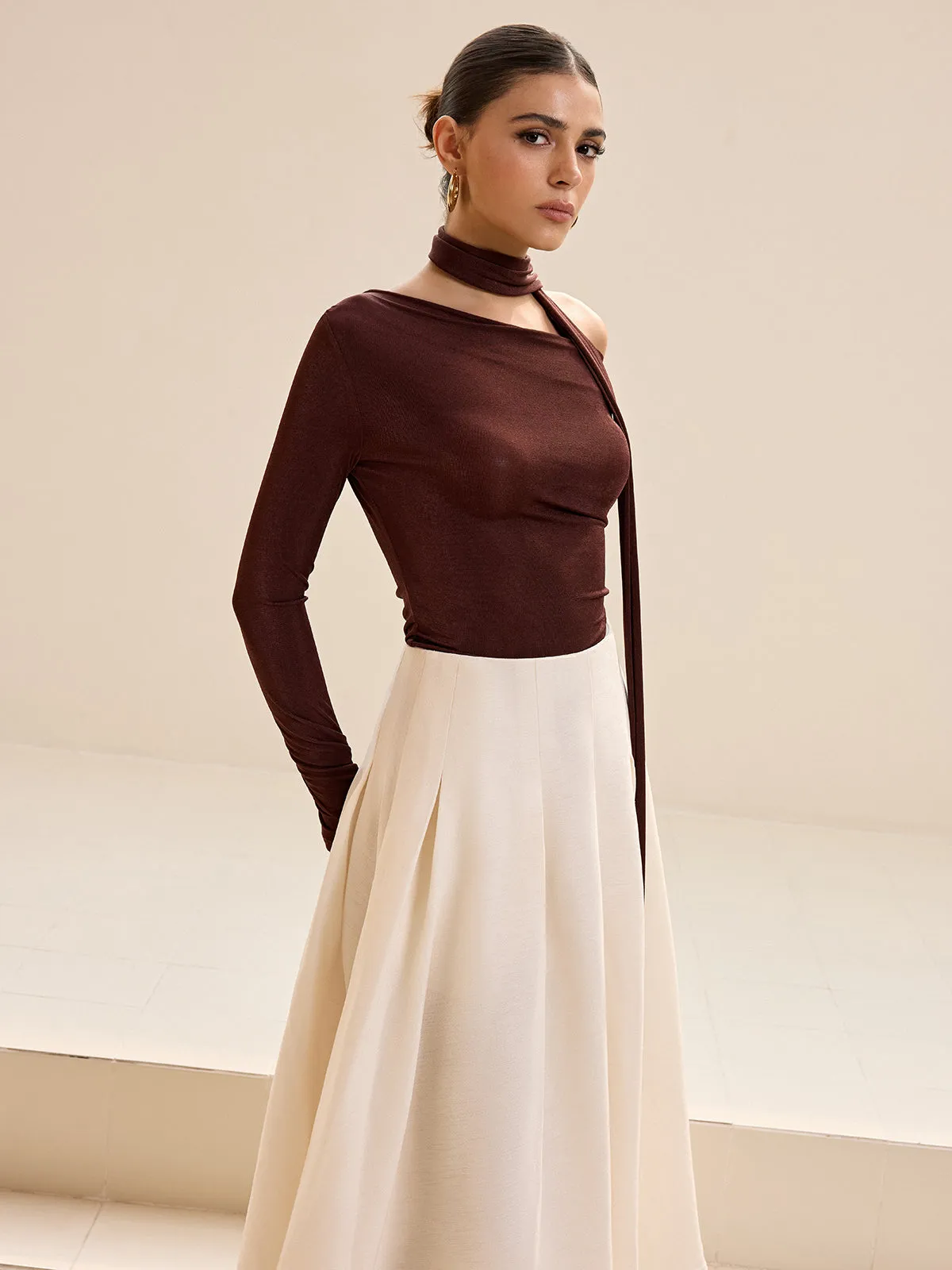 Asymmetric Neck Tie Detail Long-Sleeve T-Shirt sold by COMMENSE