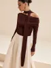 Asymmetric Neck Tie Detail Long-Sleeve T-Shirt sold by COMMENSE