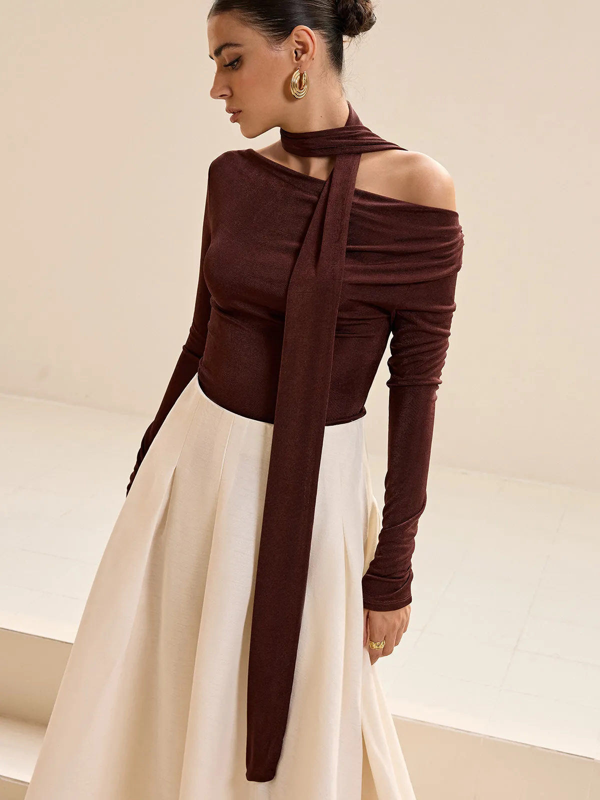 Asymmetric Neck Tie Detail Long-Sleeve T-Shirt sold by COMMENSE product image thumbnail 5