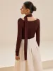 Asymmetric Neck Tie Detail Long-Sleeve T-Shirt sold by COMMENSE