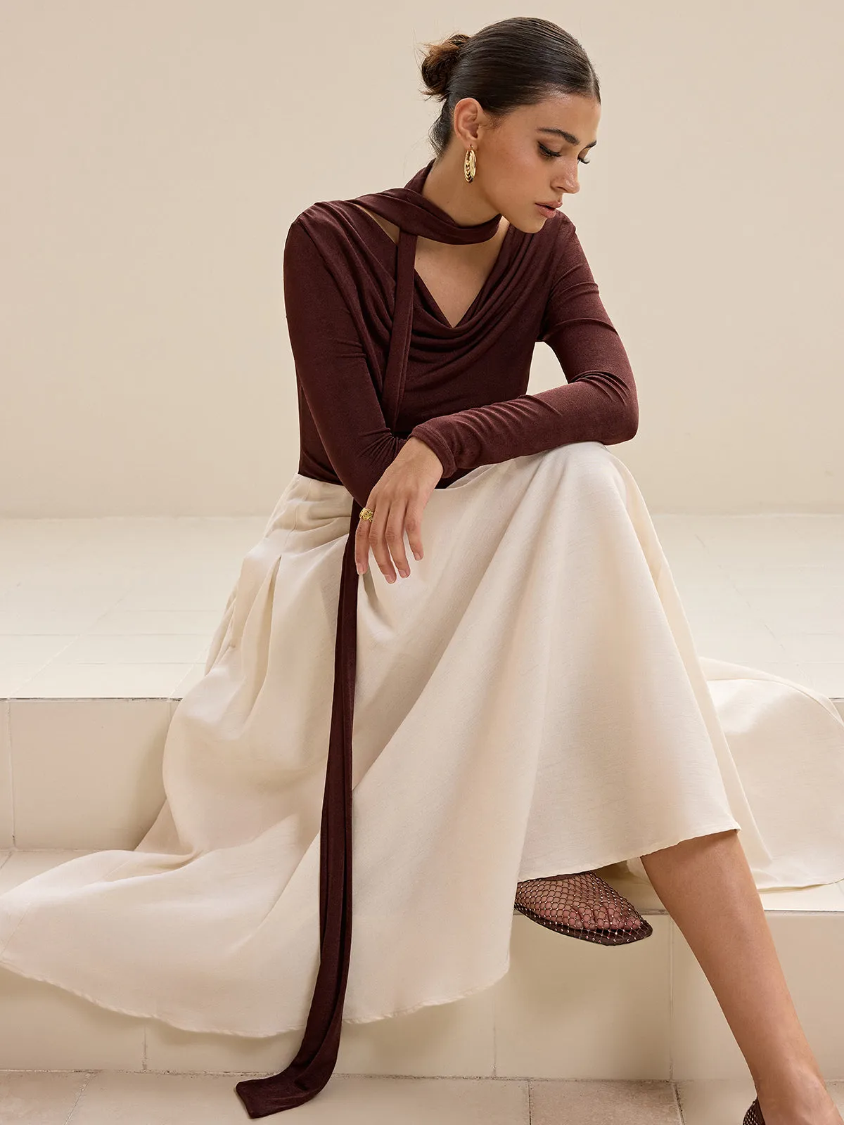 Asymmetric Neck Tie Detail Long-Sleeve T-Shirt sold by COMMENSE product image thumbnail 2