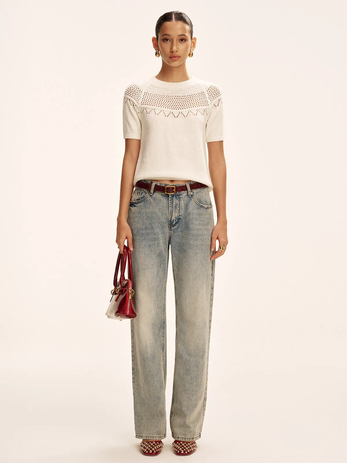 Short-Sleeve Eyelet Knit Sweater sold by COMMENSE product image thumbnail 2