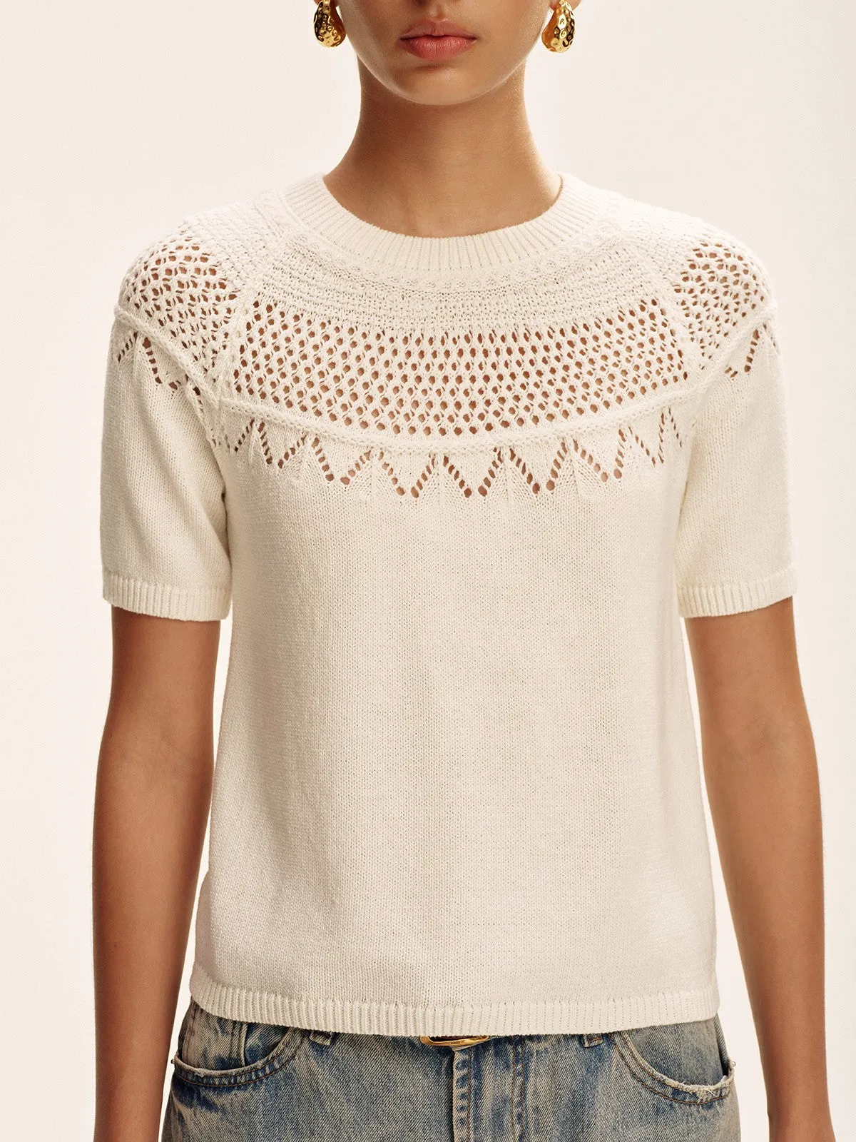 Short-Sleeve Eyelet Knit Sweater sold by COMMENSE product image thumbnail 5