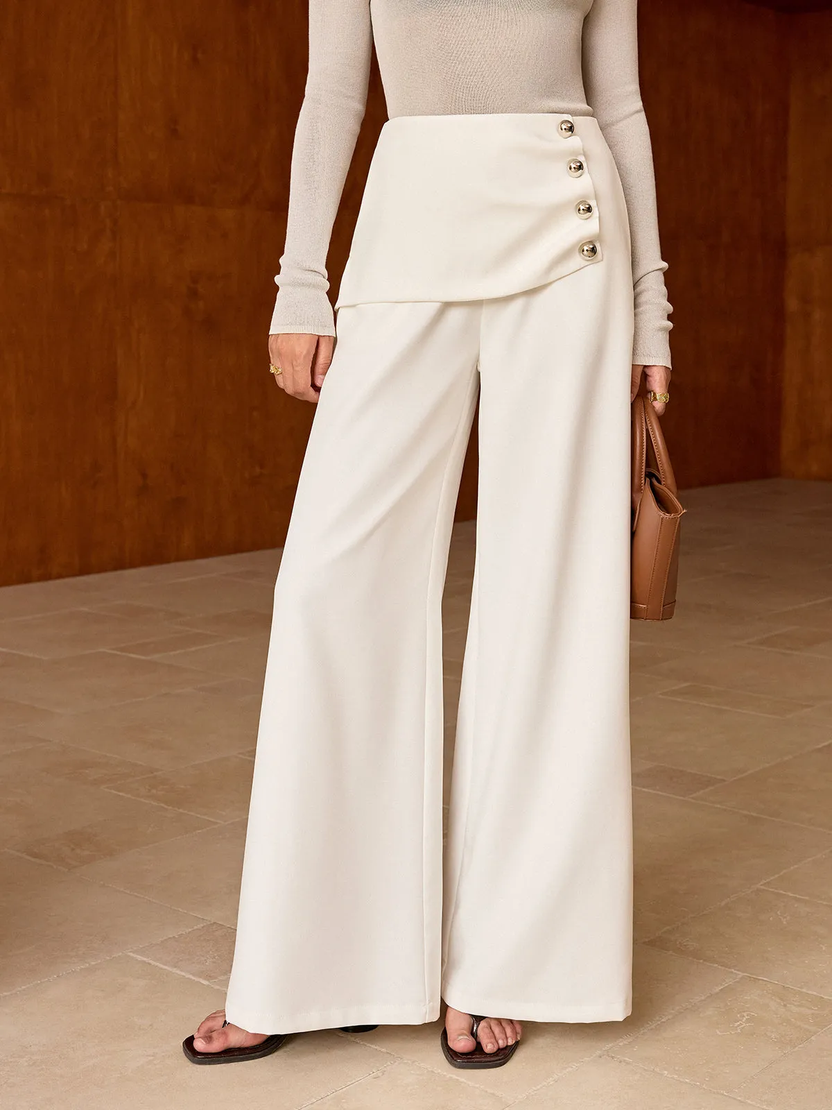 Asymmetric Button Mid-Waist Wide-Leg Pants sold by COMMENSE product image thumbnail 2
